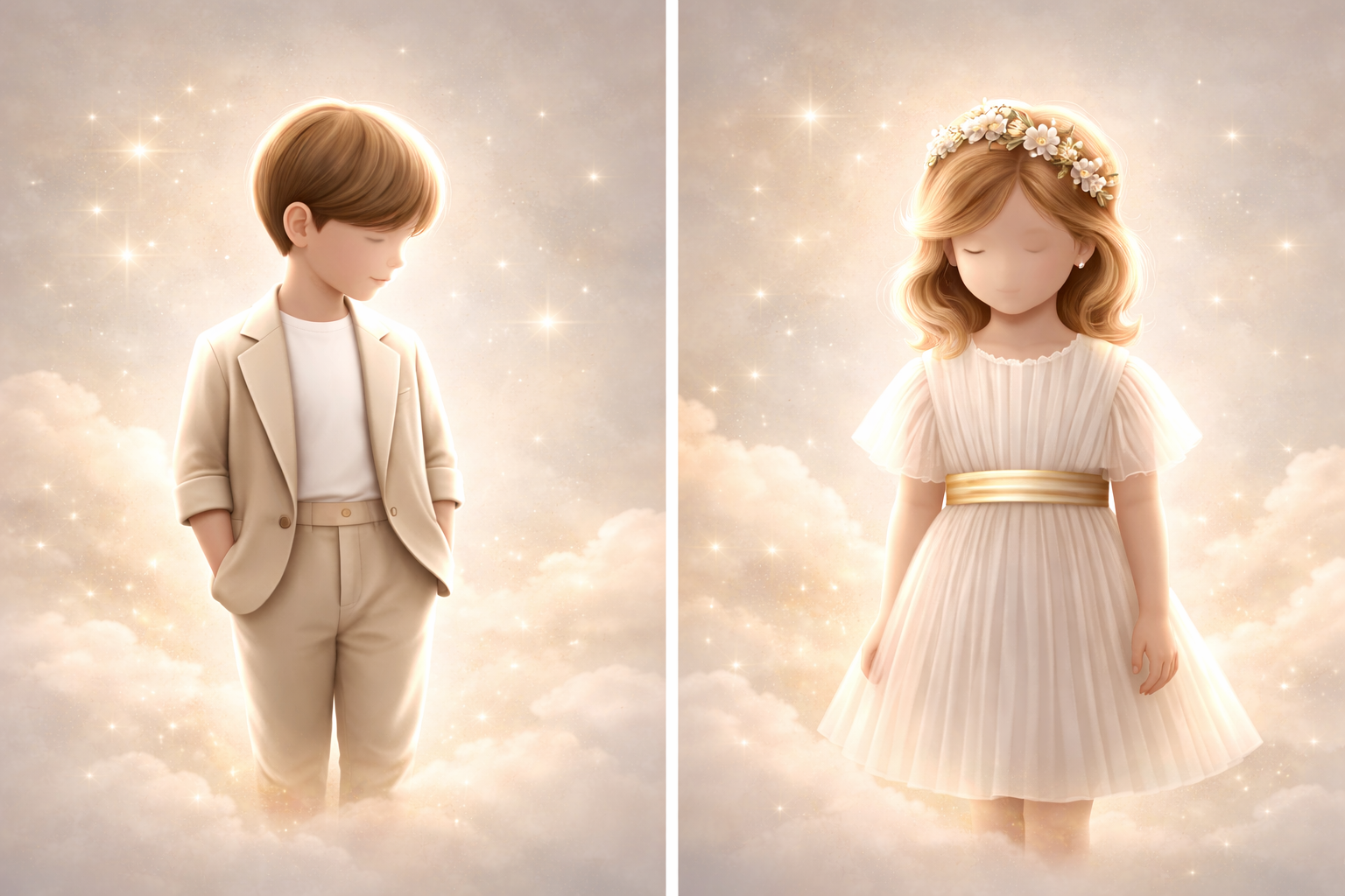 A softly illustrated boy and girl surrounded by warm light, clouds and delicate stars