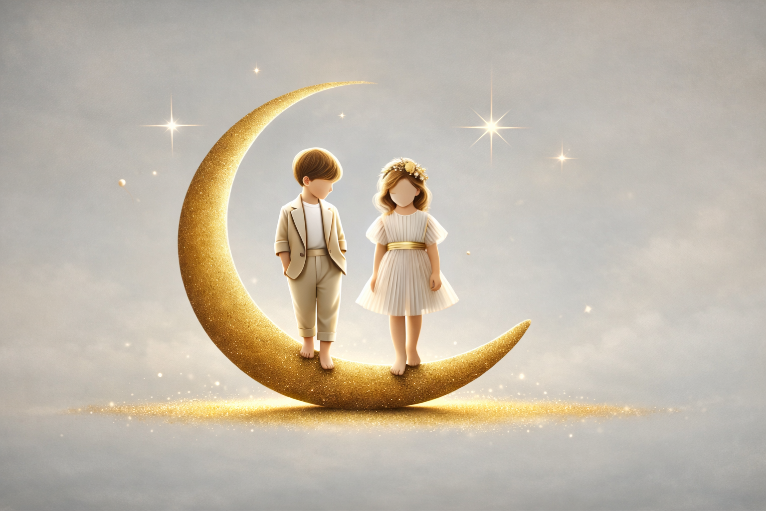 Two softly illustrated children standing together on a luminous golden crescent moon